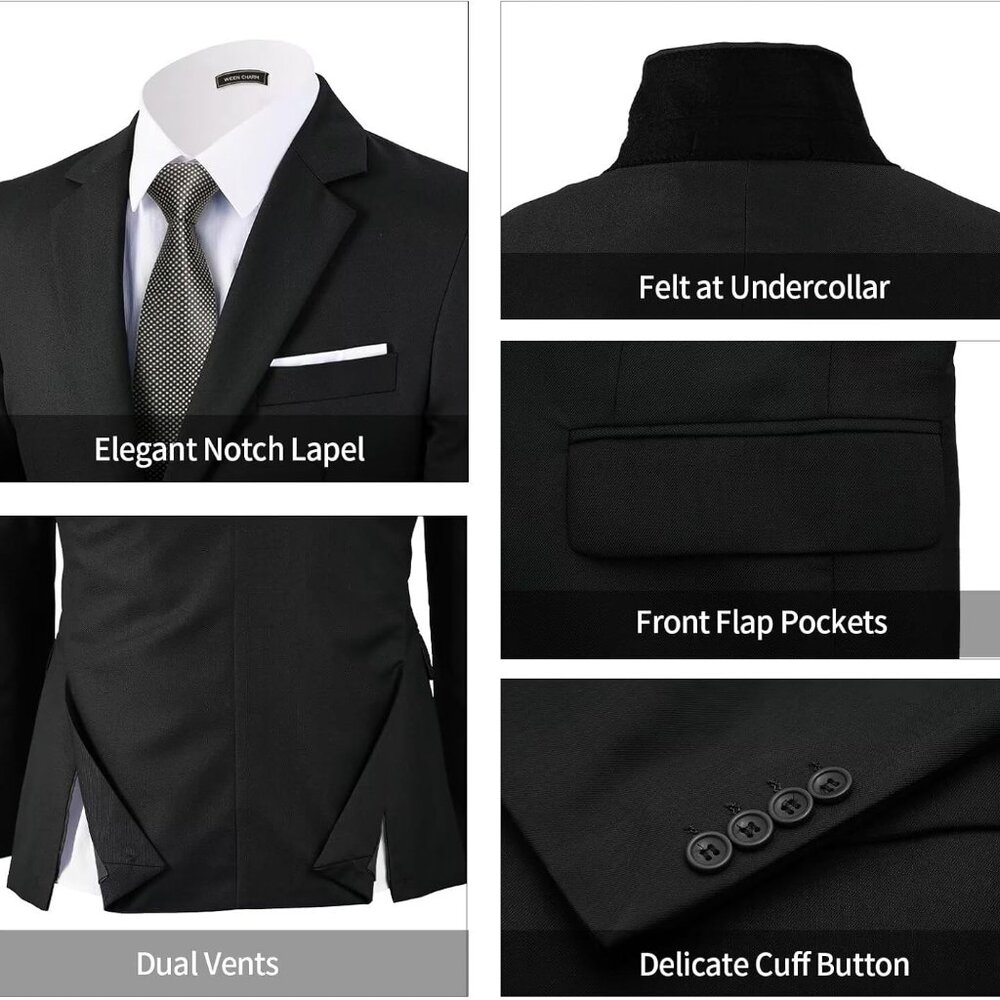 Men's 3-Piece Slim Fit Suit Set-2-Button Blazer,Vest & Pants-Formal Wedding,Prom - Picture 5 of 5
